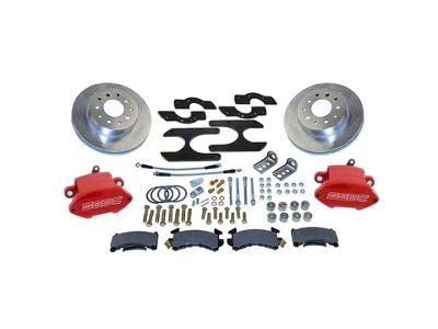 SSBC-USA Sport R1 Rear Disc Brake Conversion Kit with Built-In Parking Brake Assembly and Vented Rotors for Ford 9-Inch Large Bearing; Red Calipers (64-73 Mustang)