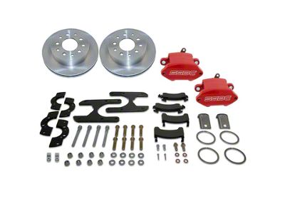 SSBC-USA Sport R1 Rear Disc Brake Conversion Kit with Built-In Parking Brake Assembly and Vented Rotors for Ford 9-Inch Small Bearing; Red Calipers (65-73 Mustang)