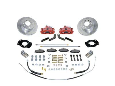 SSBC-USA Rear Disc Brake Conversion Kit with Built-In Parking Brake Assembly and Vented Rotors; Red Calipers (62-74 Chevy II, Nova w/ Staggered Shocks & C-Clip Axles)