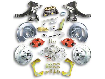 The Right Stuff Detailing Street Series 2-Inch Drop Front Manual Disc Brake Conversion Kit with Original Master Cylinder for 5x5 Bolt Pattern; Red Calipers (60-62 C10, C20, K10, K20, Suburban)