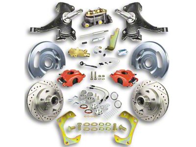 The Right Stuff Detailing Street Series 2-Inch Drop Front Manual Disc Brake Conversion Kit with Original Master Cylinder for 6x5.5 Bolt Pattern; Red Calipers (60-62 C10, C20, K10, K20, Suburban)