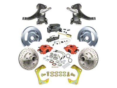 The Right Stuff Detailing Street Series 2-Inch Drop Front Manual Disc Brake Conversion Kit with Black Master Cylinder for 6x5.5 Bolt Pattern; Red Calipers (60-62 C10, C20, K10, K20, Suburban)