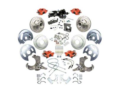 The Right Stuff Detailing Street Series Power 4-Wheel Disc Brake Conversion Kit with Black Brake Booster/Master Cylinder for 5x5 Bolt Pattern; Red Calipers (67-70 2WD Blazer, C10, Jimmy, Suburban)