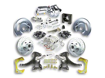 The Right Stuff Detailing Street Series 2-Inch Drop Front Power Disc Brake Conversion Kit with Chrome Brake Booster/Master Cylinder for 5x5 Bolt Pattern; Black Calipers (63-66 C10, C20, K10, K20, Suburban)