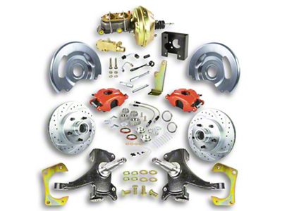 The Right Stuff Detailing Street Series 2-Inch Drop Front Power Disc Brake Conversion Kit with Original Brake Booster/Master Cylinder for 5x5 Bolt Pattern; Red Calipers (63-66 C10, C20, K10, K20, Suburban)