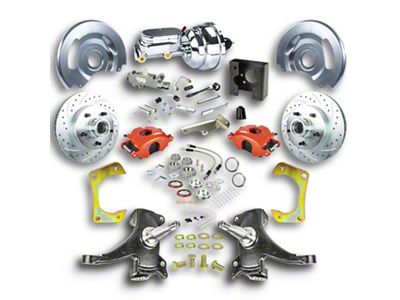 The Right Stuff Detailing Street Series 2-Inch Drop Front Power Disc Brake Conversion Kit with Chrome Brake Booster/Master Cylinder for 5x5 Bolt Pattern; Red Calipers (63-66 C10, C20, K10, K20, Suburban)