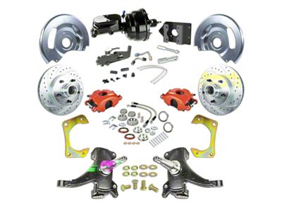 The Right Stuff Detailing Street Series 2-Inch Drop Front Power Disc Brake Conversion Kit with Black Brake Booster/Master Cylinder for 5x5 Bolt Pattern; Red Calipers (63-66 C10, C20, K10, K20, Suburban)