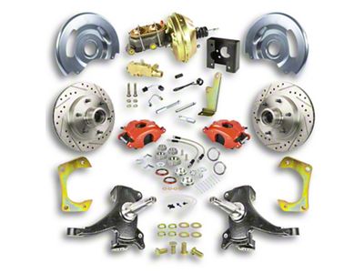 The Right Stuff Detailing Street Series 2-Inch Drop Front Power Disc Brake Conversion Kit with Original Brake Booster/Master Cylinder for 6x5.5 Bolt Pattern; Red Calipers (63-66 C10, C20, K10, K20, Suburban)