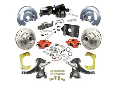 The Right Stuff Detailing Street Series 2-Inch Drop Front Power Disc Brake Conversion Kit with Black Brake Booster/Master Cylinder for 6x5.5 Bolt Pattern; Red Calipers (63-66 C10, C20, K10, K20, Suburban)