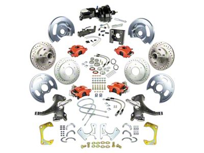 The Right Stuff Detailing Street Series 2-Inch Drop 4-Wheel Power Disc Brake Conversion Kit with Black Brake Booster/Master Cylinder for 6x5.5 Bolt Pattern; Red Calipers (63-66 C10, C20, 2WD Suburban)