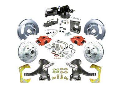 The Right Stuff Detailing Street Series 2-Inch Drop Front Power Disc Brake Conversion Kit with Black Brake Booster/Master Cylinder for 5x5 Bolt Pattern; Red Calipers (67-70 2WD Blazer, C10, Jimmy, Suburban)