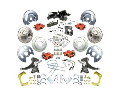 The Right Stuff Detailing Street Series 2-Inch Drop 4-Wheel Power Disc Brake Conversion Kit with Black Brake Booster/Master Cylinder for 5x5 Bolt Pattern; Red Calipers (67-70 2WD Blazer, C10, Jimmy, Suburban)