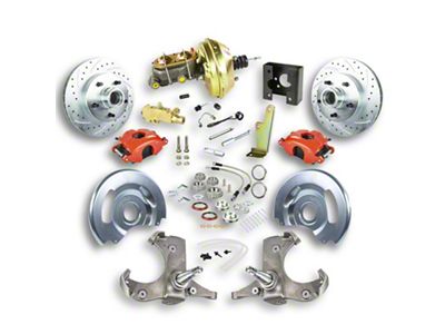 The Right Stuff Detailing Street Series Power Front Disc Brake Conversion Kit with Original Brake Booster/Master Cylinder for 5x5 Bolt Pattern; Red Calipers (63-66 C10, C20, K10, K20, Suburban)