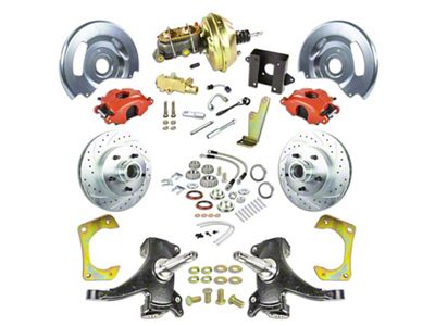 The Right Stuff Detailing Street Series 2-Inch Drop Power Front Disc Brake Conversion Kit with Original Brake Booster/Master Cylinder for 5x5 Bolt Pattern; Red Calipers (60-62 C10, C20, K10, K20, Suburban)