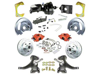 The Right Stuff Detailing Street Series 2-Inch Drop Power Front Disc Brake Conversion Kit with Black Brake Booster/Master Cylinder for 5x5 Bolt Pattern; Red Calipers (60-62 C10, C20, K10, K20, Suburban)