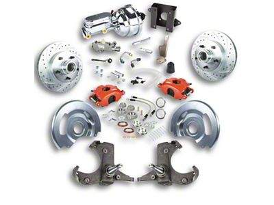 The Right Stuff Detailing Street Series Power Front Disc Brake Conversion Kit with Chrome Brake Booster/Master Cylinder for 5x5 Bolt Pattern; Red Calipers (60-62 C10, C20, K10, K20, Suburban)