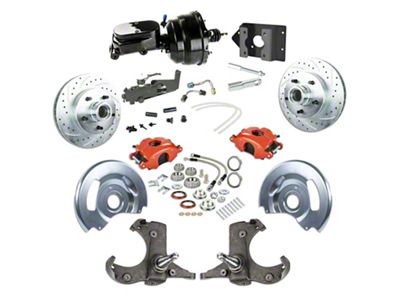 The Right Stuff Detailing Street Series Power Front Disc Brake Conversion Kit with Black Brake Booster/Master Cylinder for 5x5 Bolt Pattern; Red Calipers (60-62 C10, C20, K10, K20, Suburban)