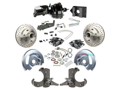 The Right Stuff Detailing Street Series Power Front Disc Brake Conversion Kit with Black Brake Booster/Master Cylinder for 6x5.5 Bolt Pattern; Black Calipers (60-62 C10, C20, K10, K20, Suburban)