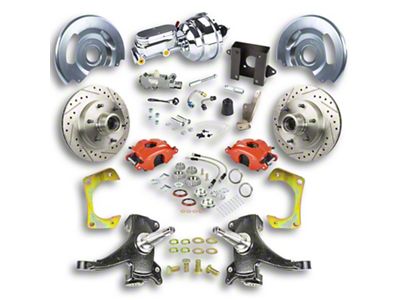 The Right Stuff Detailing Street Series 2-Inch Drop Power Front Disc Brake Conversion Kit with Chrome Brake Booster/Master Cylinder for 6x5.5 Bolt Pattern; Red Calipers (60-62 C10, C20, K10, K20, Suburban)