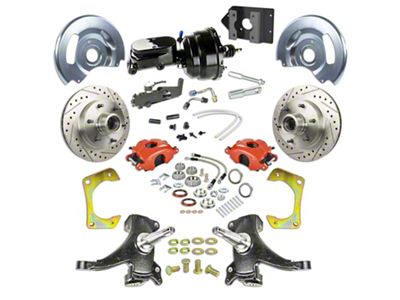 The Right Stuff Detailing Street Series 2-Inch Drop Power Front Disc Brake Conversion Kit with Black Brake Booster/Master Cylinder for 6x5.5 Bolt Pattern; Red Calipers (60-62 C10, C20, K10, K20, Suburban)