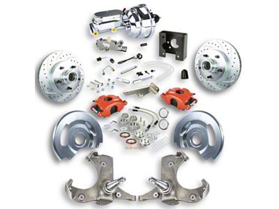 The Right Stuff Detailing Street Series Power Front Disc Brake Conversion Kit with Chrome Brake Booster/Master Cylinder for 5x5 Bolt Pattern; Red Calipers (63-66 C10, C20, K10, K20, Suburban)