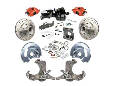 The Right Stuff Detailing Street Series Power Front Disc Brake Conversion Kit with Black Brake Booster/Master Cylinder for 6x5.5 Bolt Pattern; Red Calipers (67-70 2WD Blazer, C10, Jimmy, Suburban)