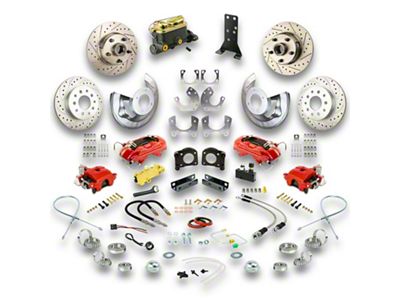 The Right Stuff Detailing Street Series 4-Wheel Manual Disc Brake Conversion Kit; Red Calipers (64-66 V8 Mustang w/ Automatic Transmission & Large Ford 9-Inch Rear)