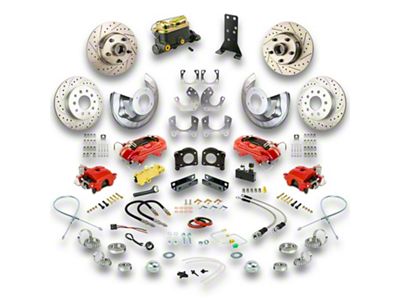 The Right Stuff Detailing Street Series 4-Wheel Manual Disc Brake Conversion Kit; Red Calipers (67-69 V8 Mustang w/ Automatic Transmission & Large Ford 9-Inch Rear)