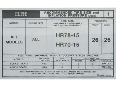 Tire Pressire Decal, Torino Elite, 1976