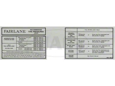 Tire Pressure Decal, Fairlane, 1966