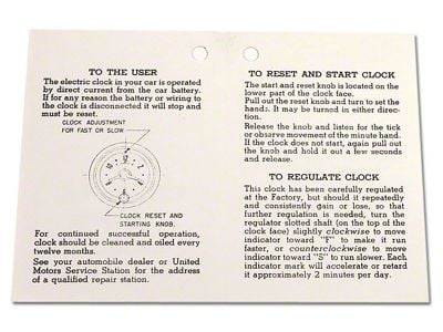 1953-1957 Corvette Clock Instructions Card