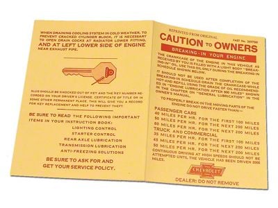 1956-1960 Corvette Engine Break-In Card