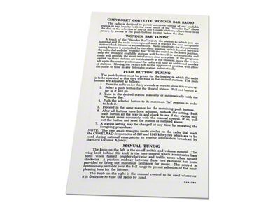 1958-1963 Corvette Wonderbar Radio Instruction Card