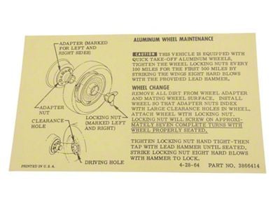 1965-1966 Corvette Knock-Off Aluminum Wheel Maintenance Card