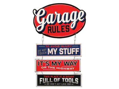 Die Cut Embossed Tin Sign; Garage Rules