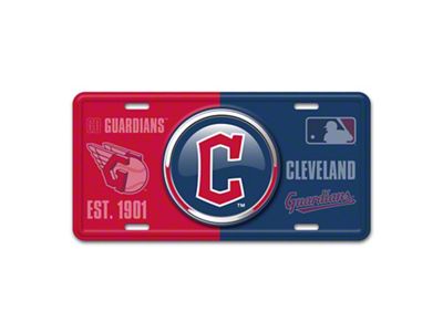 Embossed Metal License Plate with Cleveland Guardians Logo; Red / Navy (Universal; Some Adaptation May Be Required)