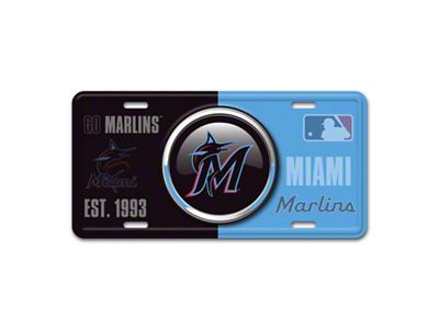 Embossed Metal License Plate with Miami Marlins Logo; Black / Blue (Universal; Some Adaptation May Be Required)