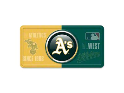 Embossed Metal License Plate with Oakland Athletics Logo; Yellow / Green (Universal; Some Adaptation May Be Required)