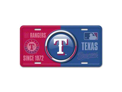 Embossed Metal License Plate with Texas Rangers Logo; Red / Blue (Universal; Some Adaptation May Be Required)