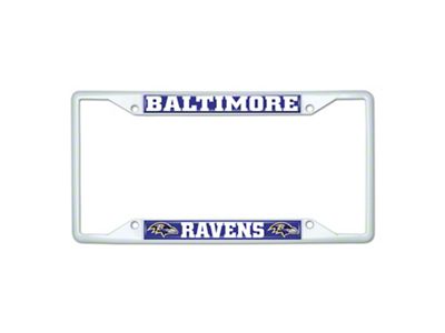 License Plate Frame with Baltimore Ravens; White (Universal; Some Adaptation May Be Required)