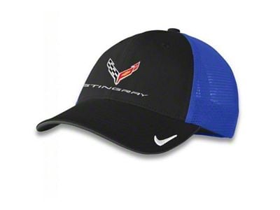 Nike Fitted Hat with Stingray Script and Cross Flags; Black/Royal Blue; S/M