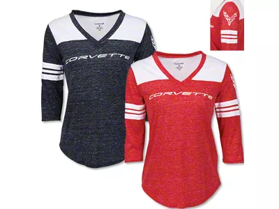 Women's 3/4 Sleeve V-Neck with Stripes and Left Sleeve Logo; Heather Red