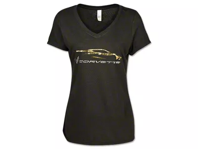 Women's C8 Corvette Racing Logos and Side Profile Fitted T-Shirt; Black