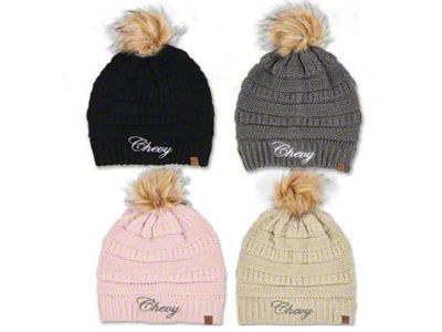 Women's Chevy Script Knit Beanie with Pom; Charcoal